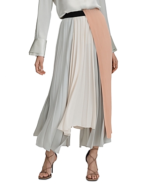 Reiss Pink/cream Pleated Asymmetric Midi Skirt In Pink/cream
