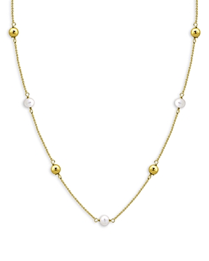 Aqua Bead & Cultured Freshwater Pearl Station Necklace In 18k Gold Plated Sterling Silver, 16-18- 100% Ex In Gold/white