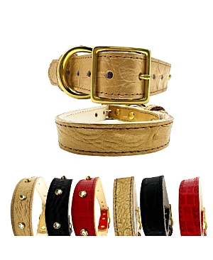 Bonne Et Filou Croc Leather Dog Collar In Gold-tone