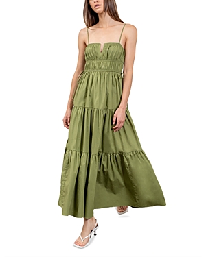 Shop Moon River Shirred Cotton Midi Dress In Green
