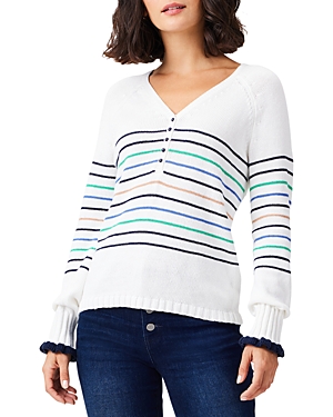 Nic + Zoe Nic+zoe Petites Maritime Cotton V Neck Henley Sweater In Cream Multi