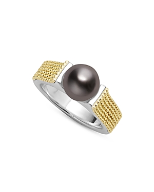 Shop Lagos 18k Yellow Gold & Sterling Silver Luna Black Tahitian Pearl Caviar Bead Ring In Black/gold