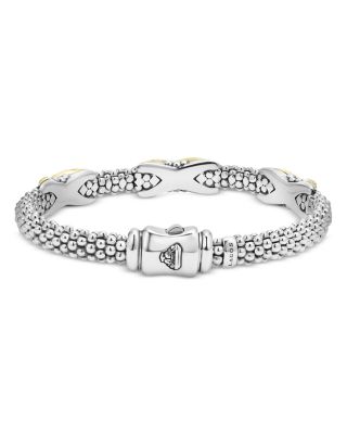 18K Yellow Gold & Sterling Silver Embrace Diamond Pav&eacute; X Station Caviar Bead Bracelet