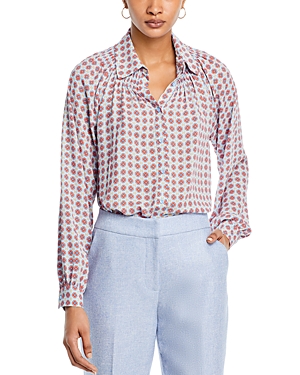 Shop T Tahari Printed Button Down Blouse In Blue Tile