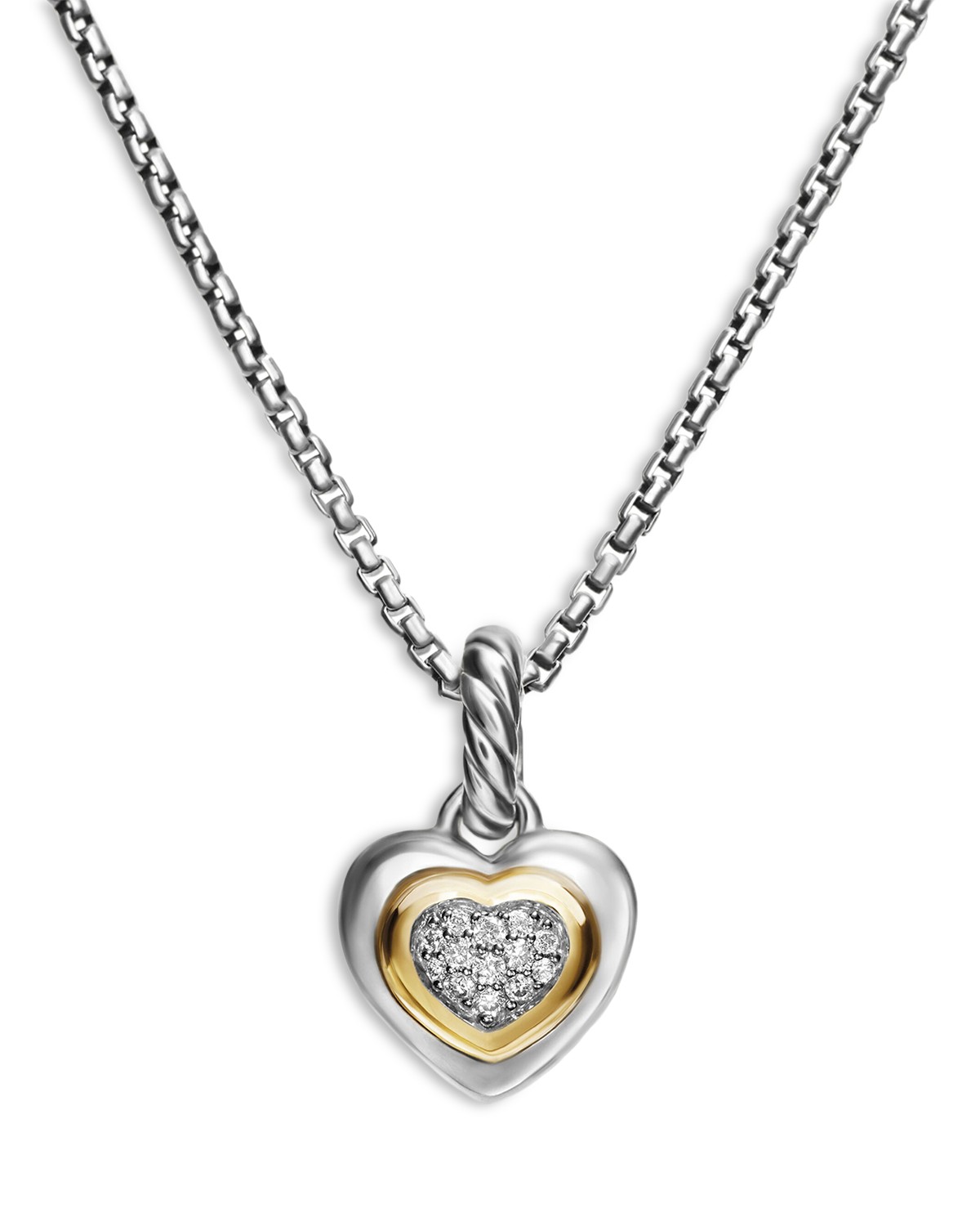 Petite Cable Heart Pendant Necklace in Sterling Silver with 14K Yellow Gold and Diamonds, 16"