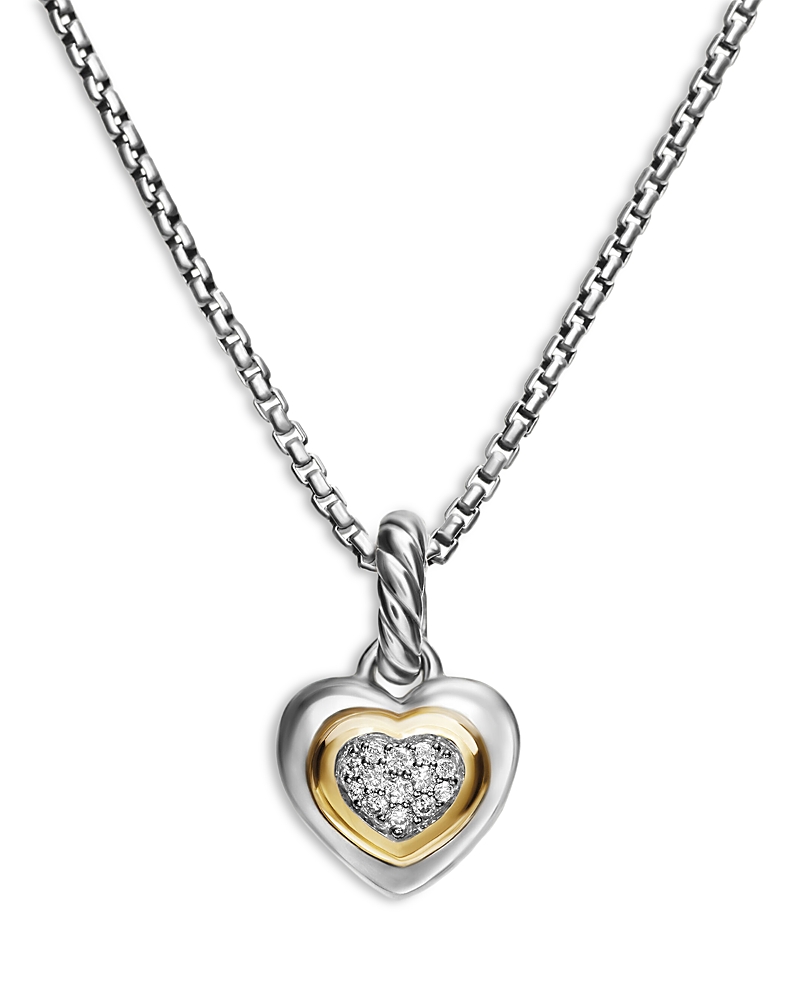 David Yurman Petite Cable Heart Pendant Necklace in Sterling Silver with 14K Yellow Gold and Diamonds, 16