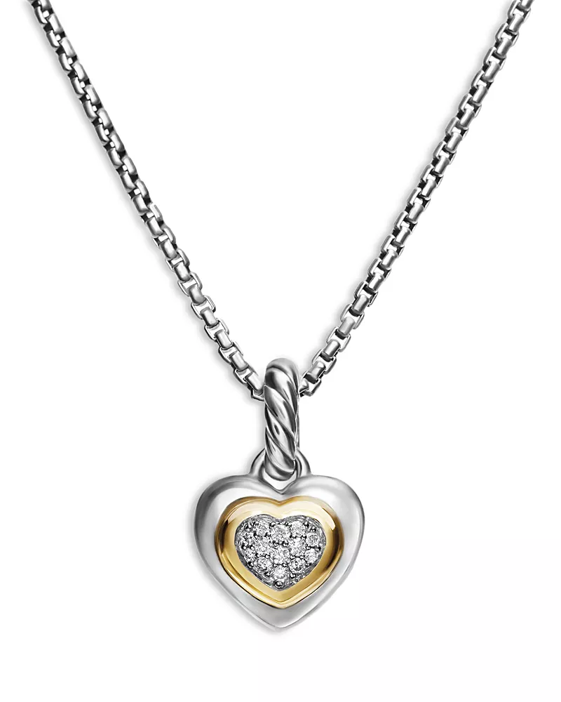 David Yurman Petite Cable Heart Pendant Necklace in Sterling Silver with 14K Yellow Gold and Diamonds, 16