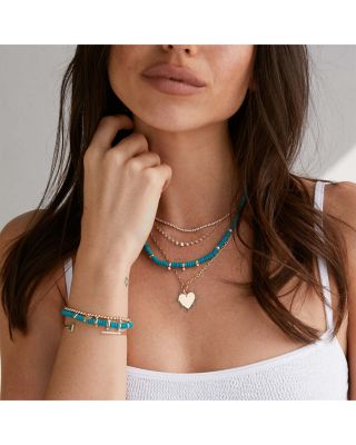 14K Yellow Gold Gemstone Beads Turquoise & Diamond Collar Necklace, 16-18"