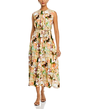 Misook Pleated Watercolor Dress In Clover/green
