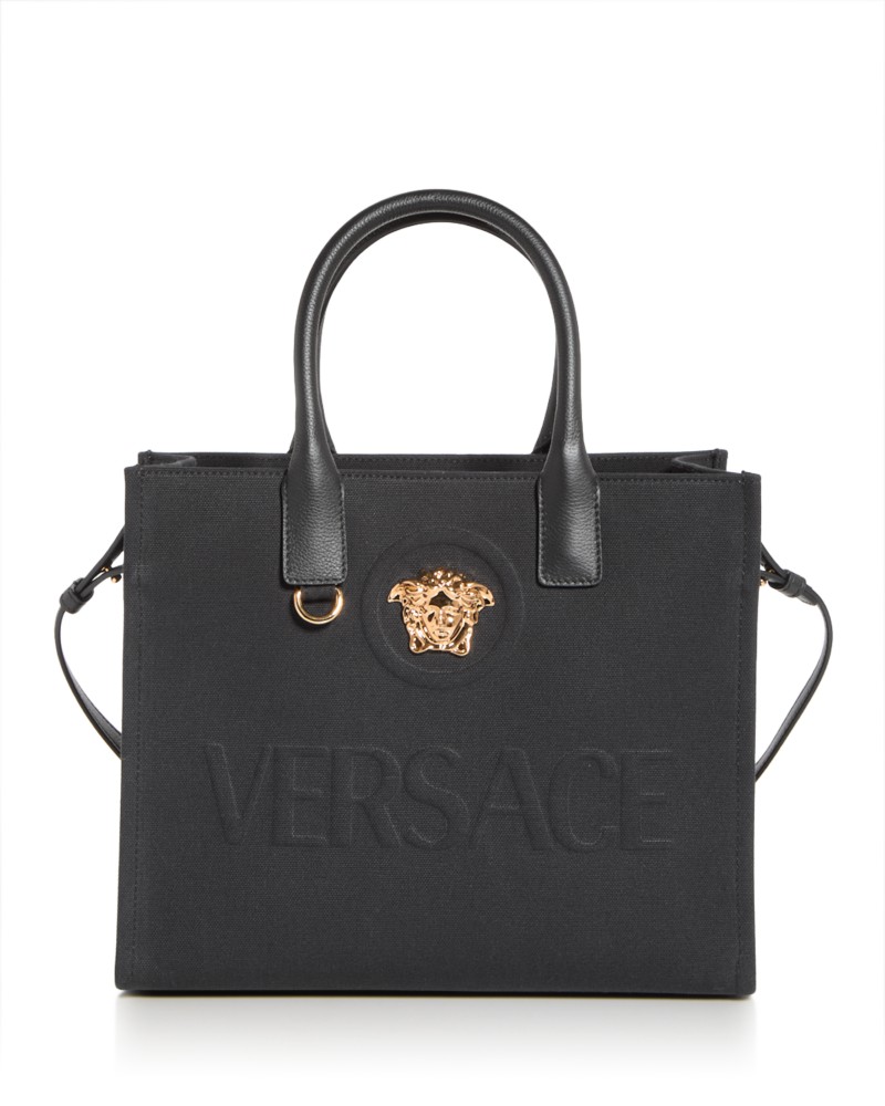 Versace La Medusa Canvas Small Tote Bag in Black/Versace Gold