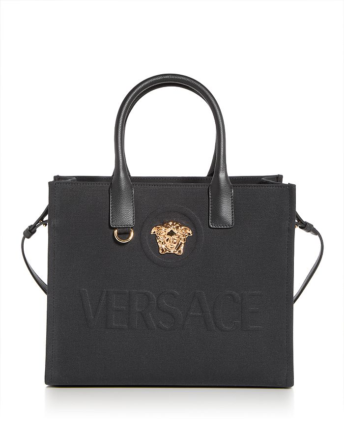 Versace La Medusa Canvas Tote In Black/ Gold