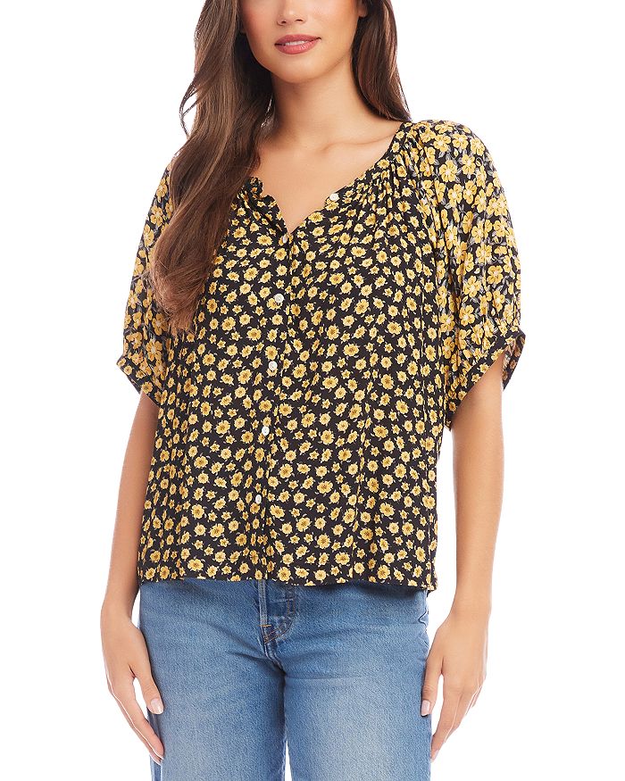 Karen Kane Floral Print Blouson Sleeve Top Gray Size XS