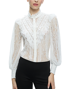 Shop Alice And Olivia Lace Smocked Cuff Button Up Blouse In Off White