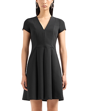 Shop Emporio Armani Cady Tech Fabric V Neck Dress In Solid Black
