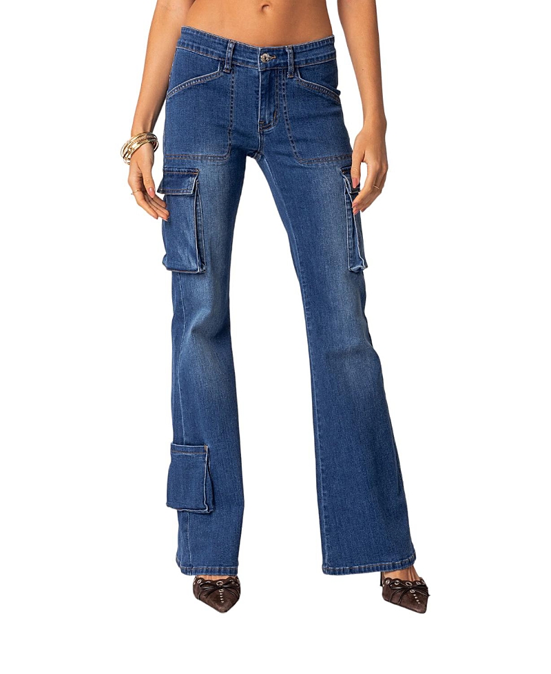 Shop Edikted Roslyn Denim Flared Cargo Pants In Blue Washed