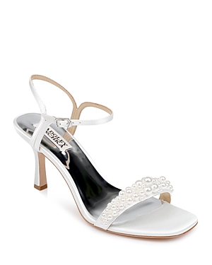 Shop Badgley Mischka Women's Caitlyn Square Toe Adorned High Heel Sandals In White Satin