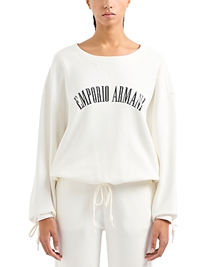 Shop Emporio Armani Drawstring Logo Sweatshirt In Off White