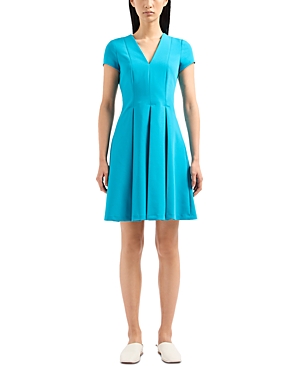 Shop Emporio Armani Cady Tech Fabric V Neck Dress In Turquoise