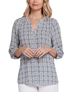Shop Nydj Three Quarter Sleeve Printed Pintucked Back Blouse In Early Bird