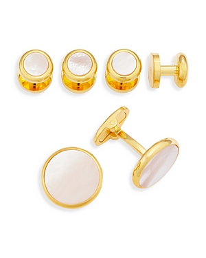 Shop Link Up Gold-tone Round White Mother-of-pearl Stud & Cufflink Set In White/gold