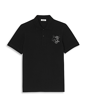 Shop Sandro Regular Fit Embroidered Dragon Polo Shirt In Black