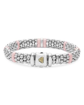 Sterling Silver Pink Caviar Diamond & Pink Ceramic Bead Link Bracelet