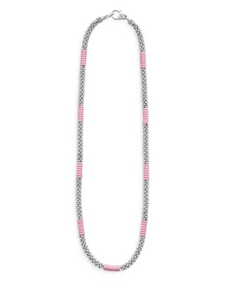 Sterling Silver Pink Caviar Pink Ceramic Bead Station Necklace, 18"