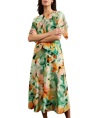 Shop Hobbs London Limited Rosemoor Floral Print Silk Midi Dress In Green Orange