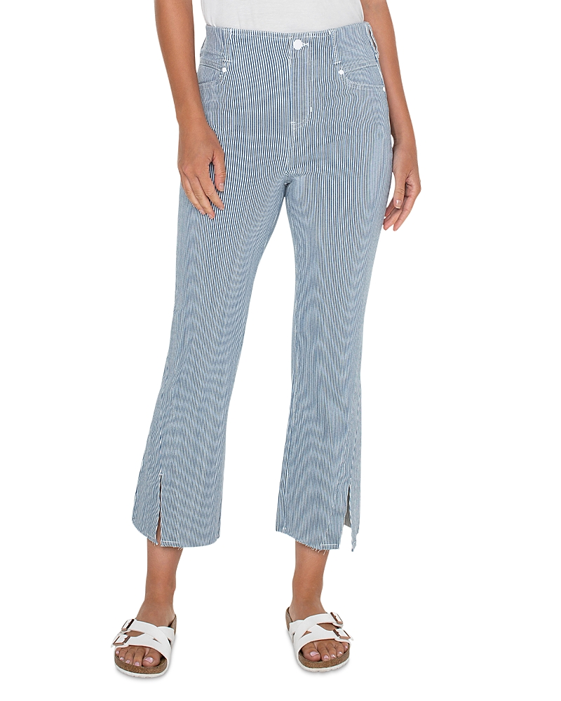 Liverpool Los Angeles Gia Glider Stripe Split Hem Crop Flare Pull-on Pants In Chambray Stripe