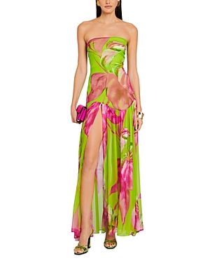 Shop Retroféte Marisol Silk Strapless Gown In Lime Anthurium