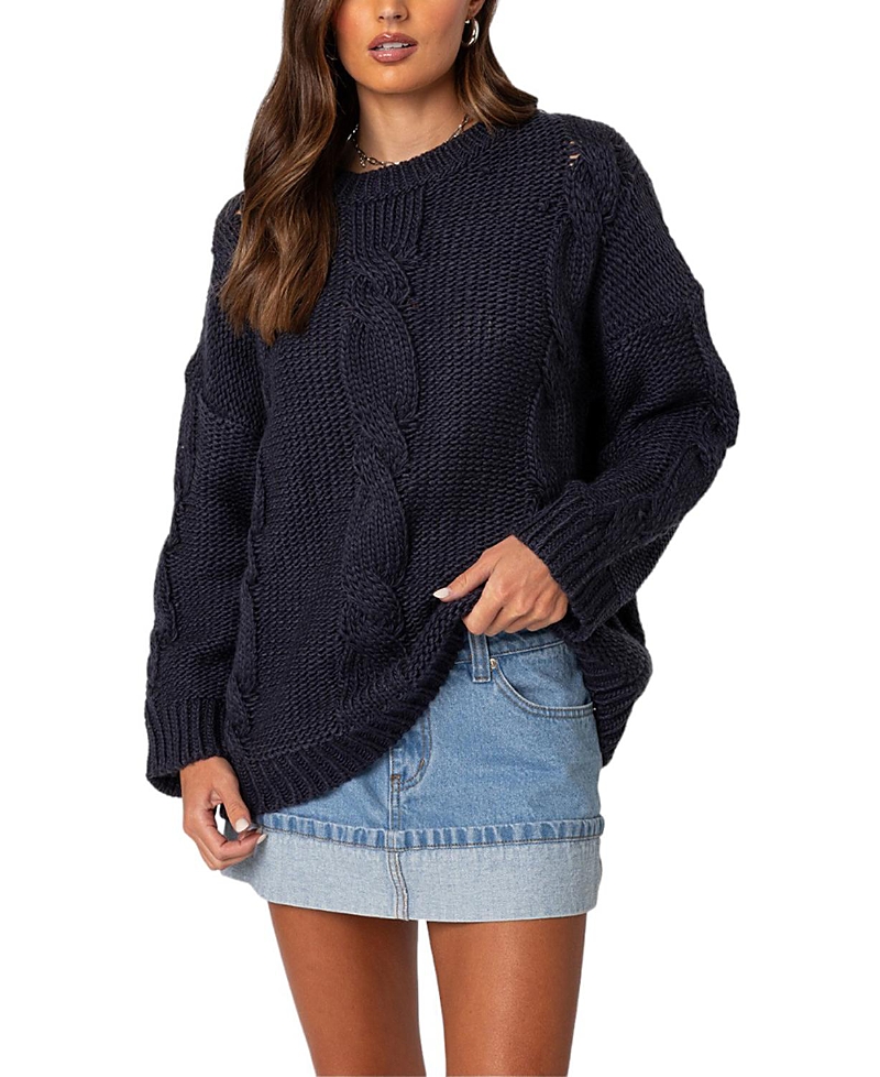 Edikted Aline Cable Stitch Oversized Sweater In Navy