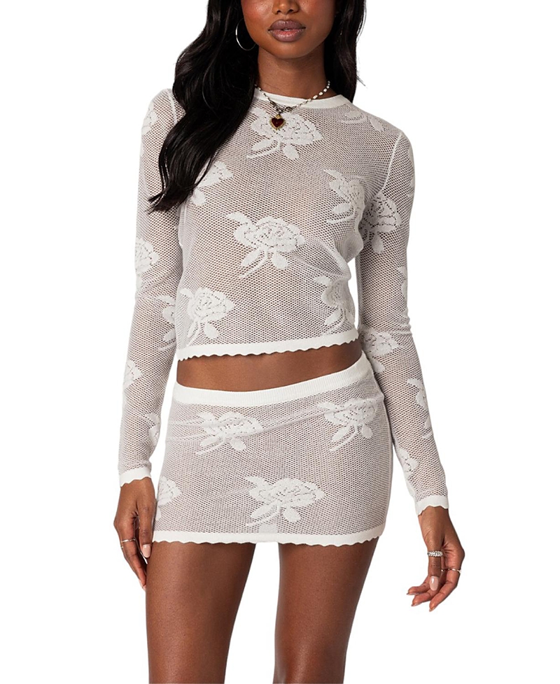 Shop Edikted Saga Embroidered Sheer Knit Top In White