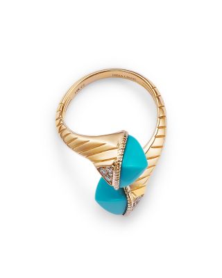 Turquoise & Diamond Bypass Ring in 14K Yellow Gold