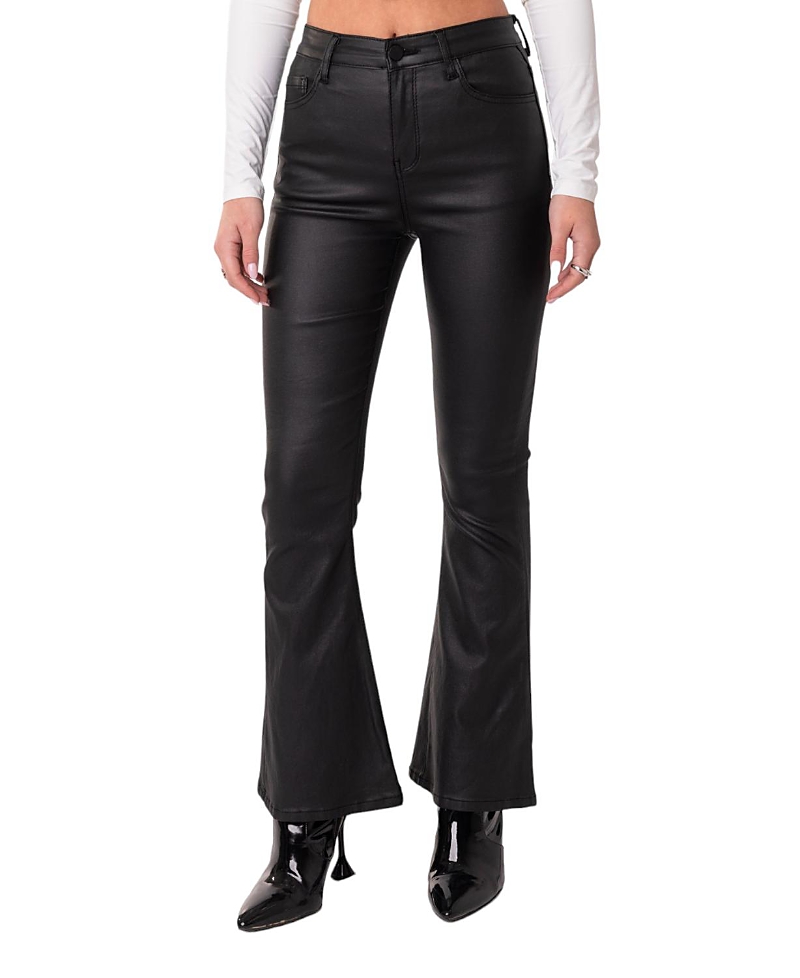 Edikted Petite Luna Faux Leather Flare Jeans in Black