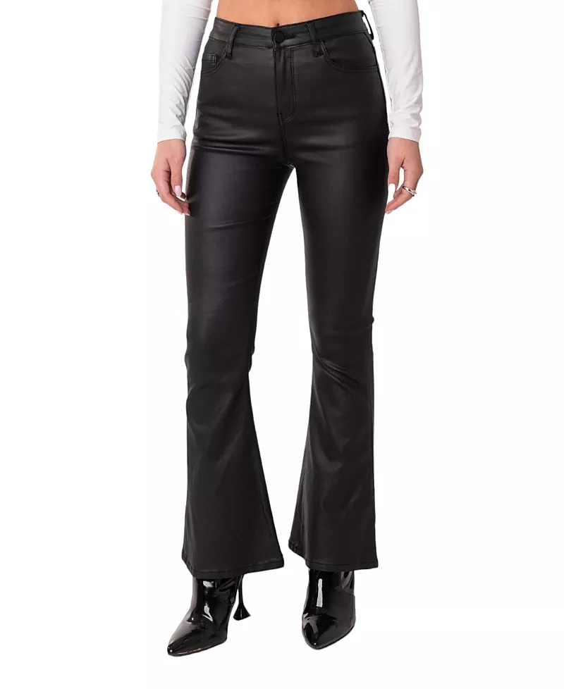 Edikted Petite Luna Faux Leather Flare Jeans in Black