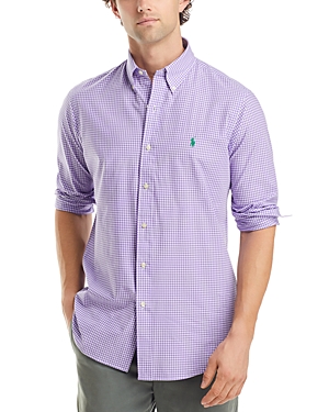 Shop Polo Ralph Lauren Cotton Stretch Poplin Gingham Check Classic Fit Button Down Shirt In Purple/white