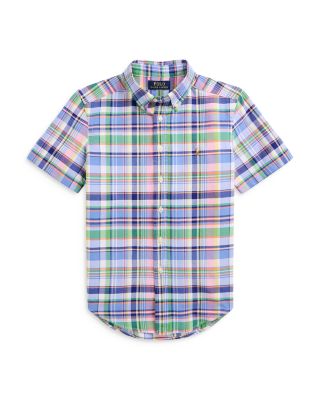 Brooks Brothers Men's Short Sleeve Madras Sport Shirt - 100% Cotton Plaid, Washed Finish