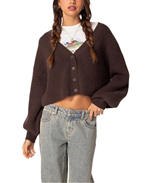 Shop Edikted Sabrina Chunky Knit Cropped Cardigan In Brown