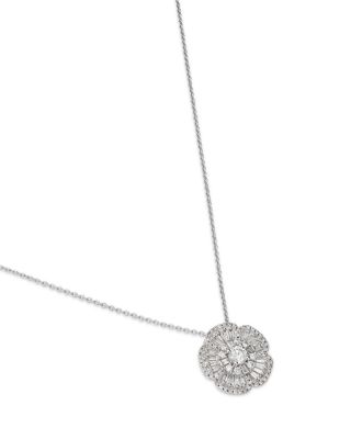Diamond Round & Baguette Flower Pendant Necklace in 14K White Gold, 0.50 tcw
