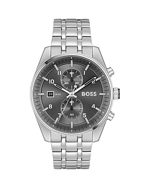 Hugo Boss Men's Skytraveller Quartz Fashion Chrono Silver-tone Stainless Steel Watch 44mm In Gray/silver