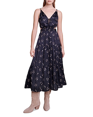 MAJE ROSOLITA SATIN EMBELLISHED MIDI DRESS