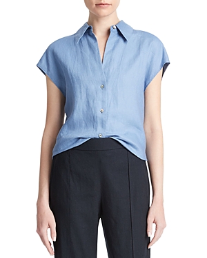 Shop Vince Linen Cap Sleeve Shirt In Azure Gem