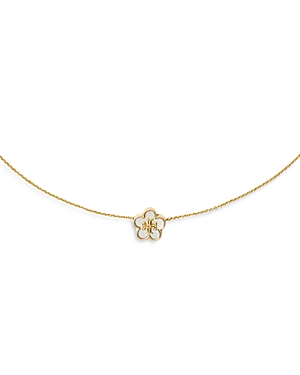 Shop Tory Burch Kira Mother Of Pearl Flower Pendant Necklace In 18k Gold Plated, 16.6-18.2 In White/gold