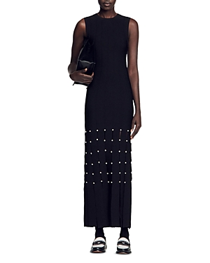 Shop Sandro Gildana Embellished Cutout Knit Maxi Dress In Black