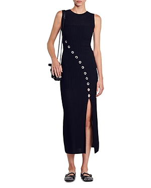 Shop Sandro Evy Embellished Asymmetric Knit Midi Dress In Black