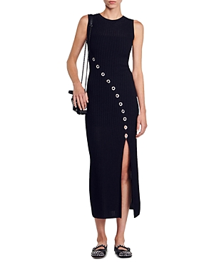 SANDRO EVY EMBELLISHED ASYMMETRIC KNIT MIDI DRESS