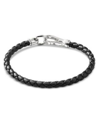 Men&#39;s Silver Woven Leather Hook Clasp Bracelet