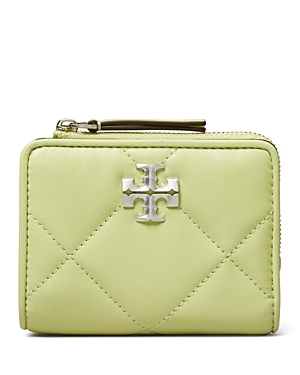 Shop Tory Burch Kira Diamond Quilted Leather Bi-fold Wallet In Fresh Pear/gold