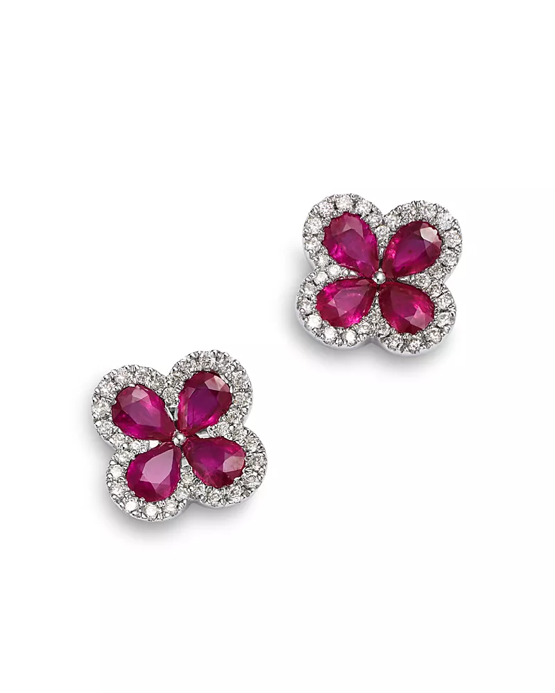 Bloomingdale's Fine Collection Ruby & Diamond Clover Earrings in 14K White Gold 0.21 tcw