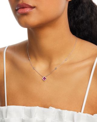 Ruby & Diamond Clover Pendant Necklace in 14K White Gold 0.21 tcw 